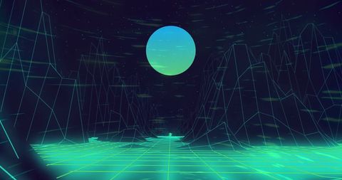 Futuristic Digital Mountains with Neon Elements Against Starry Sky