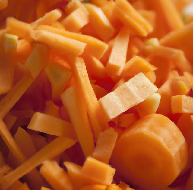 Perfect for food blogs, cooking websites, or health-related articles, this image depicts freshly chopped carrots and other vegetables. Ideal for illustrating recipes, nutrition advice, or cooking tips.