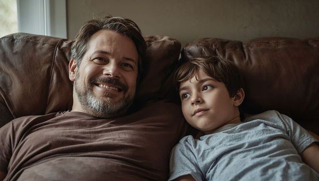 Father smiling while son relaxing on brown leather couch warm cozy family bonding moment
