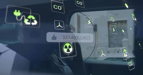 Ar hud on car window displaying eco icons and 337,492 likes, urban holographic reflection