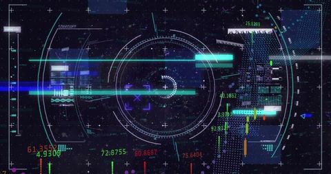Futuristic HUD Reticle Interface with Neon Data Streams, Glitch Scanlines and Telemetry