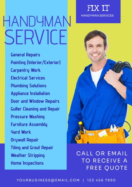 Shows a confident handyman ready to offer various repair services including electrical, plumbing, carpentry, and appliance installation. Useful for promoting handyman businesses, home improvement services, and repair services through advertisements, flyers or online marketing materials.
