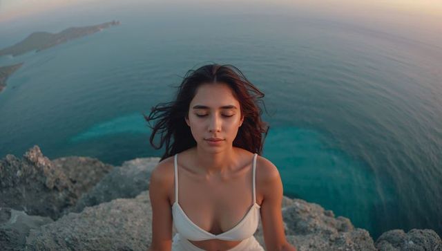 Woman meditating on cliff at sunset with ocean background