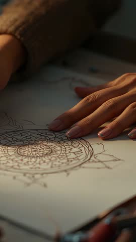 Vertical video hands sketching intricate mandala design on paper, close-up creative