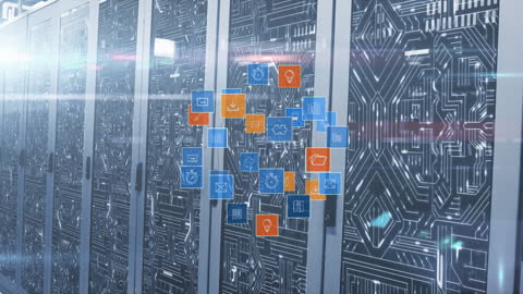 Digital Globe Animation with Icons over Server Racks