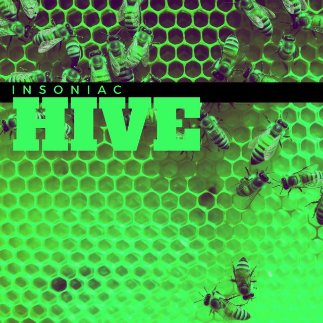 Bees on Honeycomb with Insoniac Hive Text Overlay - Download Free Stock Templates Pikwizard.com