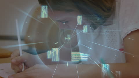 Girl Writing as Digital Data Integrates Traditional Education