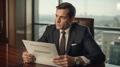 Executive reading insurance contract in high-rise office reflecting on policy decision