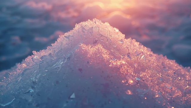 Glittering ice crystals reflecting sunrise glow
