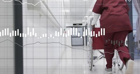 Nurse pushing wheelchair down hospital corridor with medical data overlay, charts