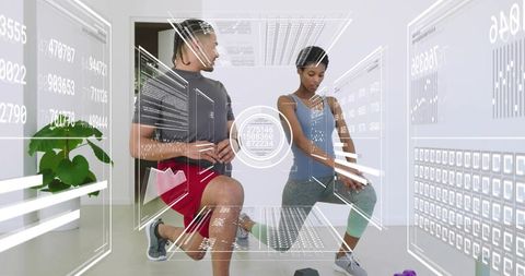 Partners performing lunges with virtual fitness interface in modern home gym