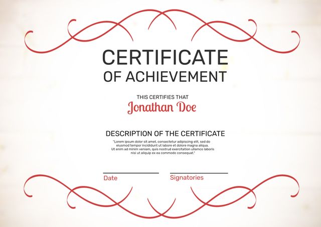 Beautifully designed certificate template featuring red scrollwork, ideal for acknowledging achievements and formal recognitions. Great for business awards, academic honors, and special recognitions. Fully customizable to suit specific needs, including name, date, and signatories.