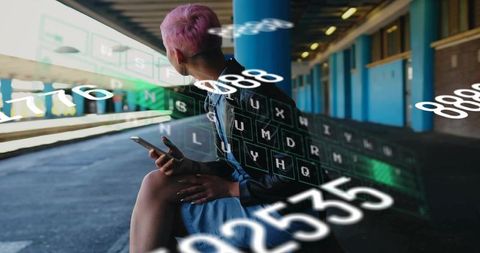 Sitting pink-haired commuter using smartphone on urban platform with glowing data overlay