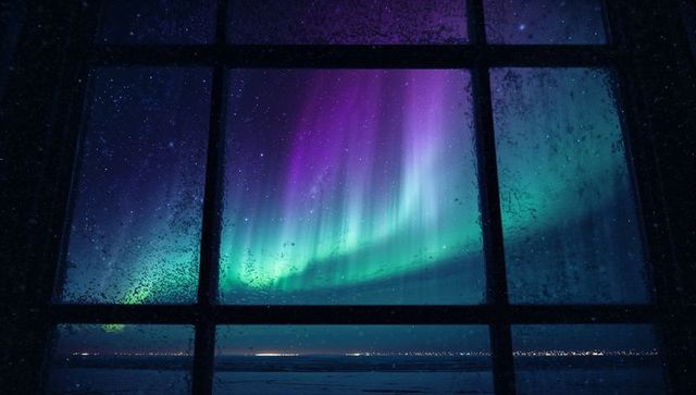 Aurora borealis sky framed by frosted cabin window