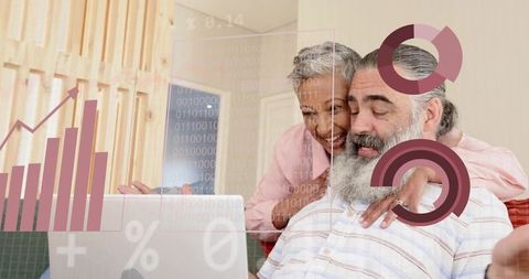 Senior couple exploring finances on laptop with data overlays and analytics dashboard