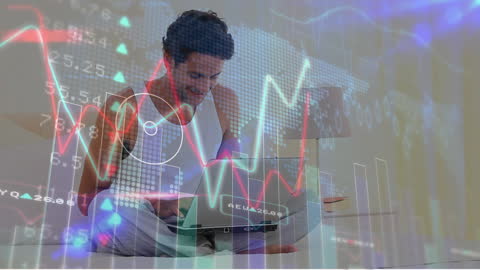 Businessman Analyzing Financial Data on Laptop with Futuristic Holographic Displays