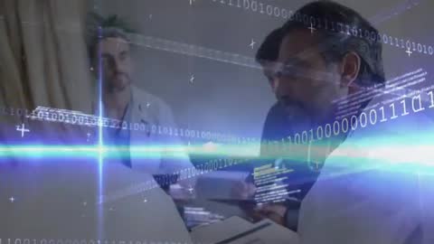 Doctors Collaborating with Digital Binary Code Overlay in Medical Settings