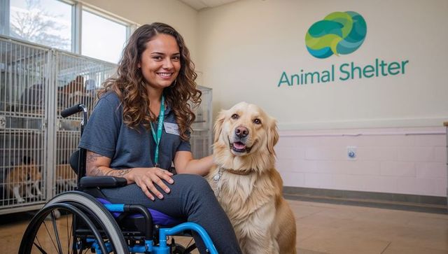Smiling woman in wheelchair bonding with golden retriever at animal shelter reception