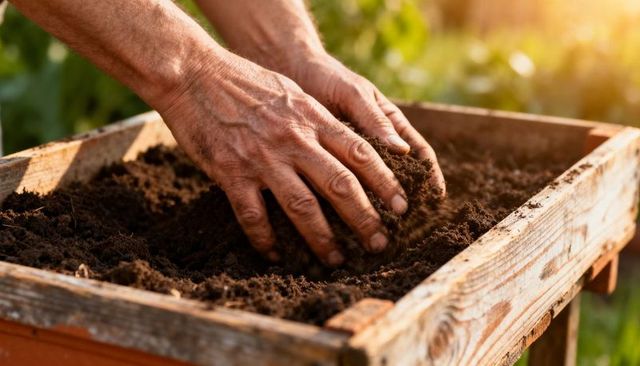 Hands pressing potting soil into wooden planter at golden hour for home gardening