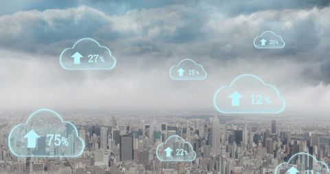 Digital Cloud Upload Graphics Above Urban Cityscape - Download Free Stock Images Pikwizard.com
