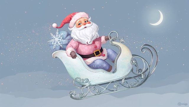 Gliding santa claus in ornate silver sleigh under moonlit pastel sky
