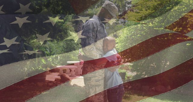 Military Father Reunion with Child Under American Flag Overlay - Download Free Stock Images Pikwizard.com