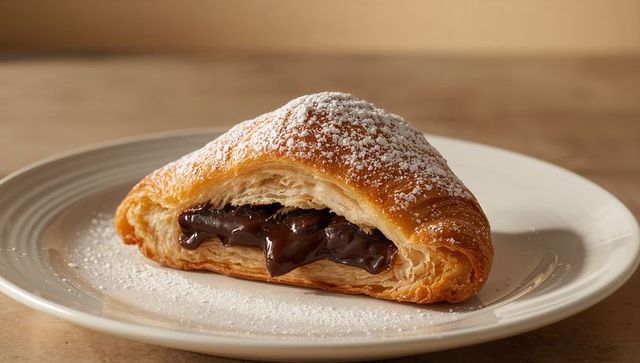 Chocolate ganache croissant dusting powdered sugar on white ceramic plate breakfast pastry