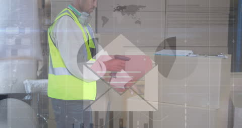 Warehouse Worker Analyzing Data with Digital Overlay