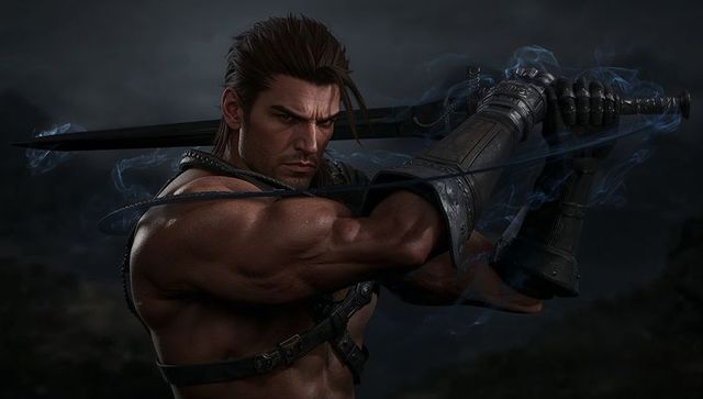 Brooding muscular warrior holding greatsword over shoulder surrounded by ethereal blue smoke