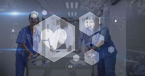 Hospital team rushing gurney through hallway with digital overlays