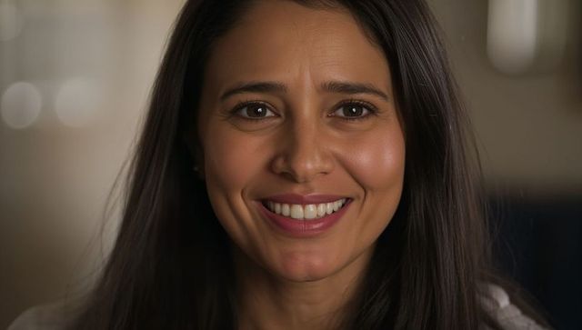 Warm closeup headshot of smiling woman with dimples, long hair, friendly expression