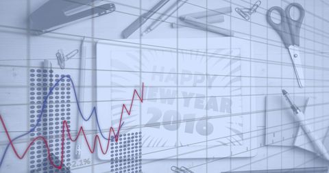 Graphs Overlaid on New Year Celebrations and Office Items - Download Free Stock Images Pikwizard.com