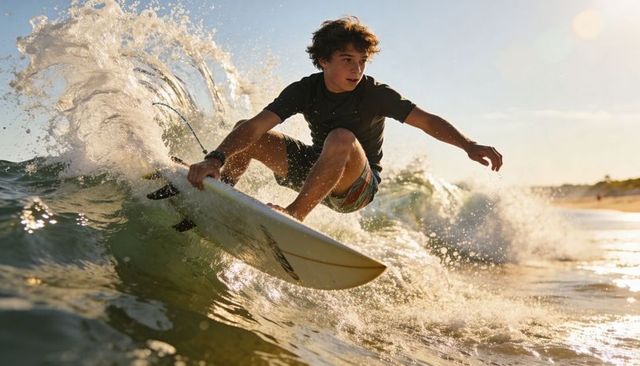 Teen surfer carving sunlit shore break on shortboard with splashing water and golden light