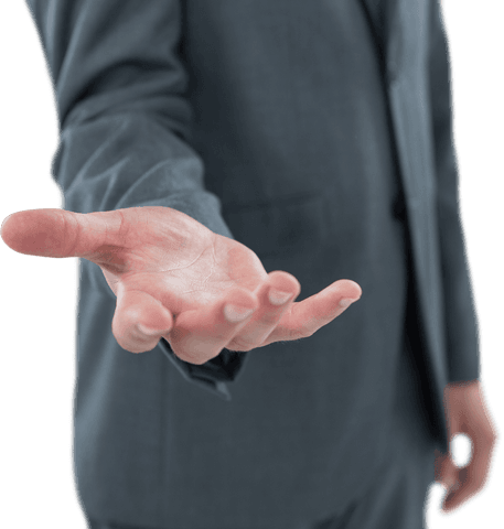 Transparent gesture of offering hand by businessman in suit