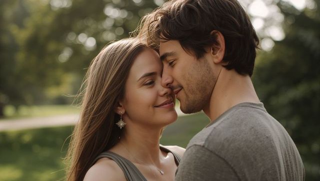 Sunlit romantic couple embracing in park close-up tender intimacy and warm connection