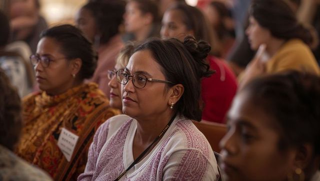 Focused woman with glasses engaging in educational seminar