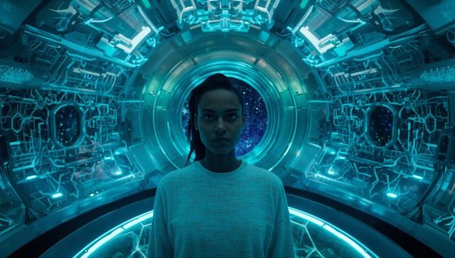 Asian woman standing in futuristic spacecraft corridor with circular hatch and neon rings