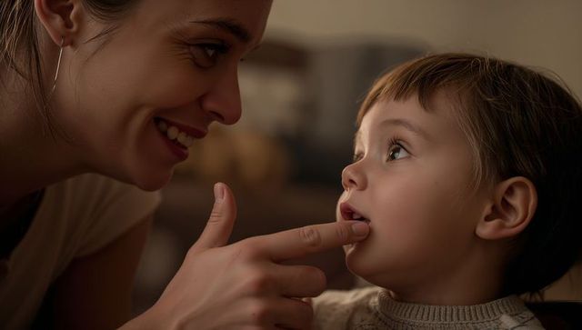 Mother checking toddler's lip with gentle touch during cozy bedtime moment