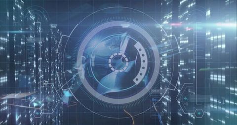 Futuristic circular interface and nighttime city skyline