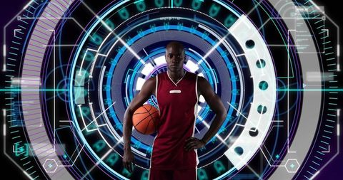 Male Basketball Player in Futuristic Holographic Interface