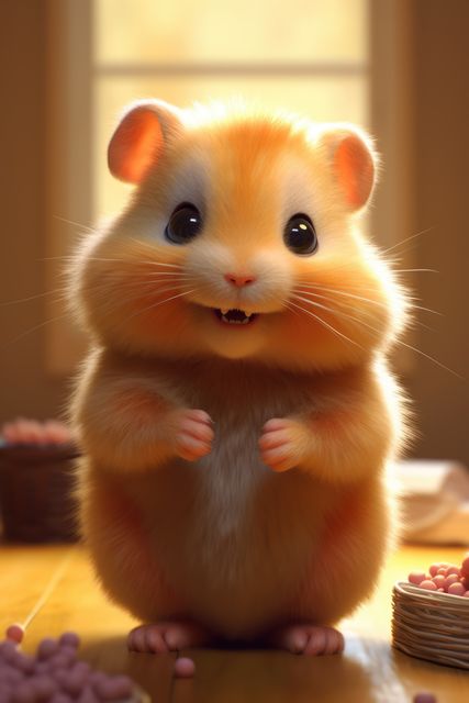 Close up of cute smiling hamster on wooden surface, created using generative ai technology. Pet, animal and rodent concept digitally generated image.