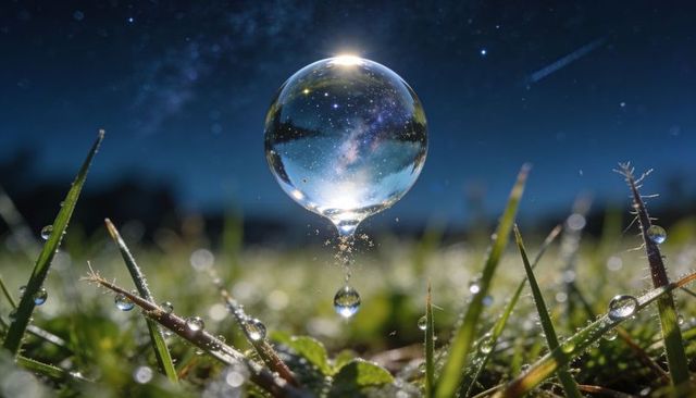 Crystal dew orb reflecting milky way over grass, suspended droplet night macro