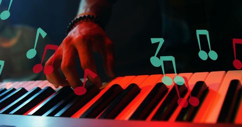 Musician's Hands Skillfully Playing Keyboard with Moving Notes - Download Free Stock Images Pikwizard.com