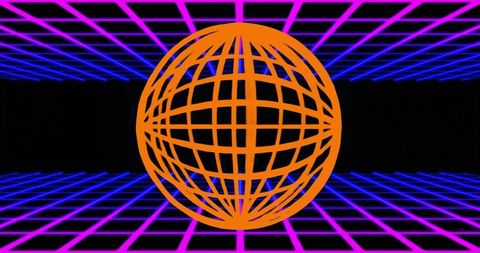 Rotating Orange Wireframe Globe on Neon Cyber Grid Retro Futuristic 3D Background