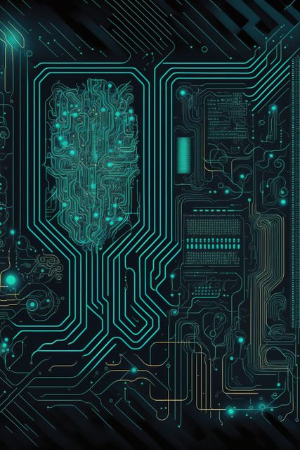 Image of computer circuit board and green light trails on dark background. Computing and data processing concept created using generative ai technology.