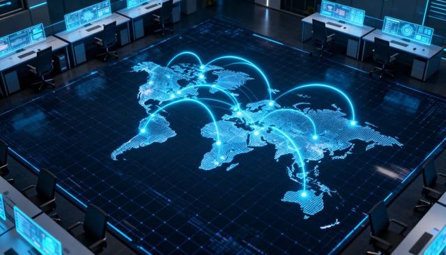 Holographic World Map Displaying Global Data Connections in Network Operations Center