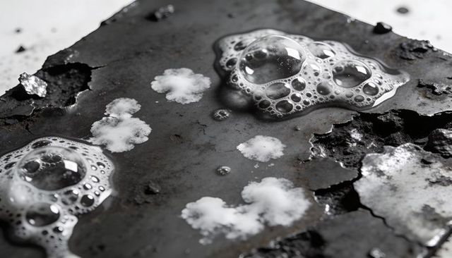 Corroded steel plate showing soap bubbles and peeling paint for materials inspection