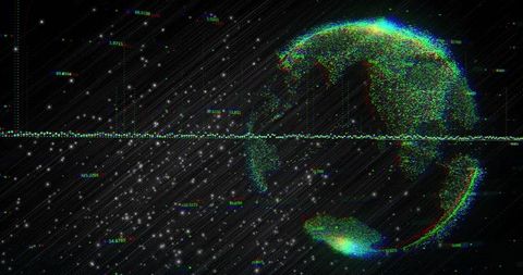 Glitch Pixelation Earth with Data and Stars in Futuristic Interface