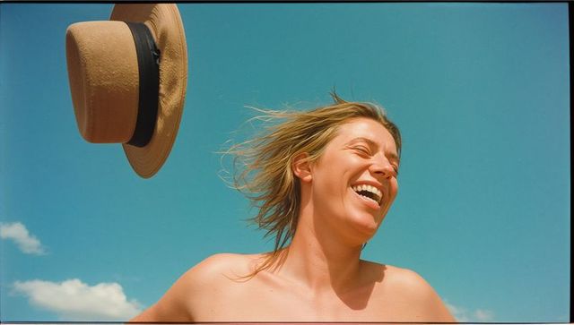 Laughing woman enjoying sunlit beach breeze, straw hat flying, carefree summer portrait