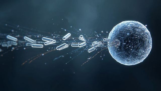 Drifting translucent cellular sphere interacting with therapeutic capsules and filaments